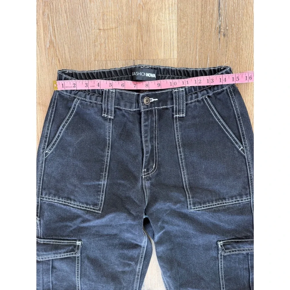 Fashion Nova Cargo Jeans Womens 7 Black Contrast Stitch Relaxed Straight Utility